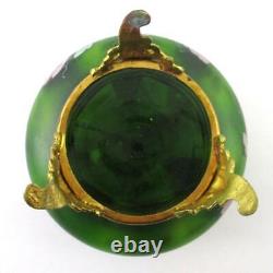 Antique Footed JEWELRY Box PINK POPPIES hp GREEN art glass Bohemian c. 1890's