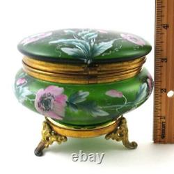 Antique Footed JEWELRY Box PINK POPPIES hp GREEN art glass Bohemian c. 1890's