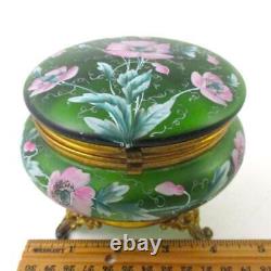 Antique Footed JEWELRY Box PINK POPPIES hp GREEN art glass Bohemian c. 1890's