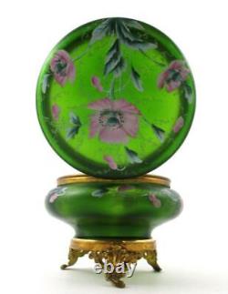 Antique Footed JEWELRY Box PINK POPPIES hp GREEN art glass Bohemian c. 1890's