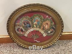 Antique Framed 1909 Calendar Fan with Ladies in Victorian Dresses Domed Glass