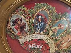 Antique Framed 1909 Calendar Fan with Ladies in Victorian Dresses Domed Glass
