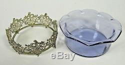 Antique French Amethyst Crystal Glass Victorian Ruffled Mounted Sugar Bowl Dish