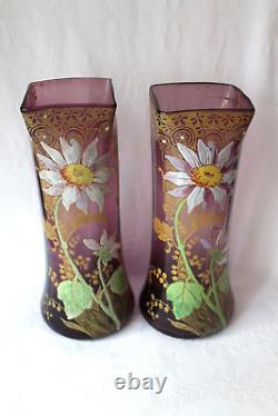 Antique French Art Nouveau F. T. Legras pair of Belfort enamel vases c 1890