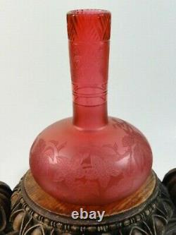 Antique French Bohemian Cranberry Flowering Raspberry Acid Etched Cut Glass Vase