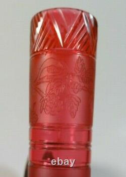 Antique French Bohemian Cranberry Flowering Raspberry Acid Etched Cut Glass Vase