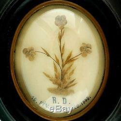 Antique French Hair Art of a Child Victorian Mourning Memento Framed Bombe Glass
