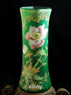 Antique French Legras Green Hand Painted Enamel POPPIES Art Nouveau Glass Vase