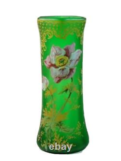 Antique French Legras Green Hand Painted Enamel POPPIES Art Nouveau Glass Vase