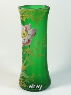 Antique French Legras Green Hand Painted Enamel POPPIES Art Nouveau Glass Vase