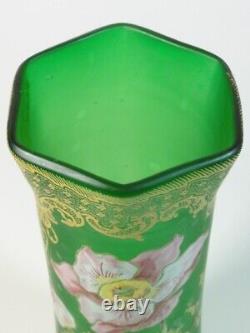 Antique French Legras Green Hand Painted Enamel POPPIES Art Nouveau Glass Vase