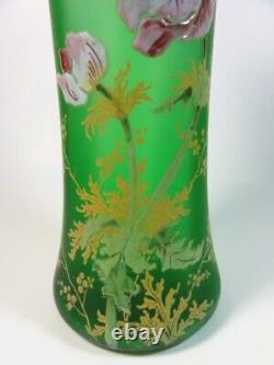 Antique French Legras Green Hand Painted Enamel POPPIES Art Nouveau Glass Vase