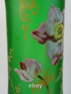 Antique French Legras Green Hand Painted Enamel POPPIES Art Nouveau Glass Vase