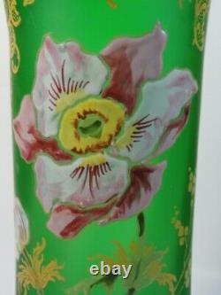 Antique French Legras Green Hand Painted Enamel POPPIES Art Nouveau Glass Vase