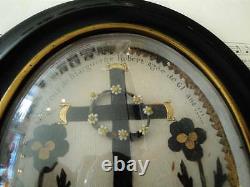 Antique French Mourning Hair Art Domed Glass Oval Wooden Frame c. 1880