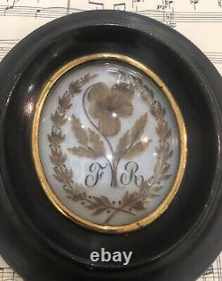 Antique French Mourning Hair Art Domed Glass Wooden Frame c1860