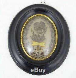 Antique French Mourning Hair Art Memento Convex Glass Framed Reliquary