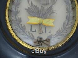Antique French Mourning Hair Art Memento Convex Glass Framed Reliquary