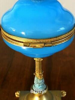 Antique French Opaline Blue Glass Lidded Footed Gold Gilt Ormolu Box Jar As Is