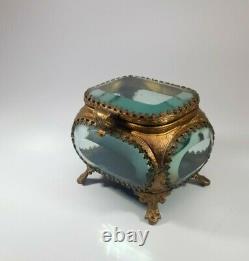 Antique French Ormolu Beveled Glass Trinket Jewelry Casket Filigree Victorian