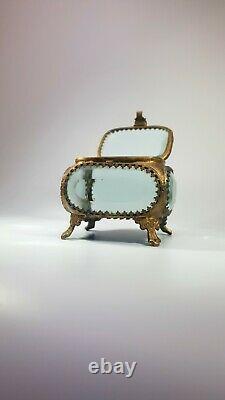 Antique French Ormolu Beveled Glass Trinket Jewelry Casket Filigree Victorian