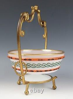 Antique French Ormolu Opaline Glass Bowl Basket Enameled Etruscan Greek Revival