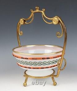 Antique French Ormolu Opaline Glass Bowl Basket Enameled Etruscan Greek Revival