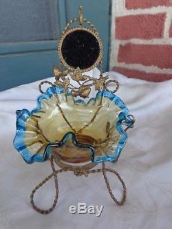 Antique French Victorian Art Glass Bowl Ormolu Pocket Watch Holder Boudoir Stand