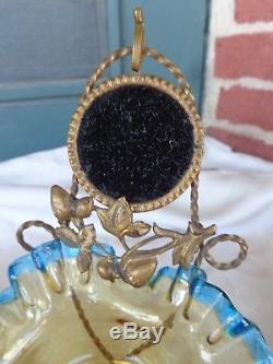 Antique French Victorian Art Glass Bowl Ormolu Pocket Watch Holder Boudoir Stand