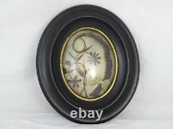 Antique French Victorian Mourning Hair Art Convex Glass Frame Reliquary