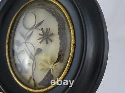 Antique French Victorian Mourning Hair Art Convex Glass Frame Reliquary