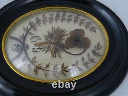 Antique French Victorian Mourning Hair Art Convex Glass Frame Reliquary 1874