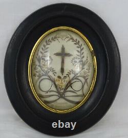 Antique French Victorian Mourning Hair Art Convex Glass Frame Reliquary 1896