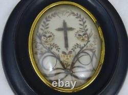 Antique French Victorian Mourning Hair Art Convex Glass Frame Reliquary 1896