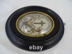 Antique French Victorian Mourning Hair Art Convex Glass Frame Reliquary 1896