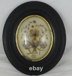 Antique French Victorian Mourning Hair Art Convex Glass Frame Reliquary 1898