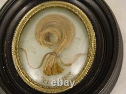 Antique French Victorian Mourning Hair Art Convex Glass Frame Reliquary -1898