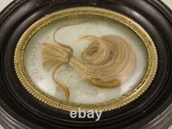 Antique French Victorian Mourning Hair Art Convex Glass Frame Reliquary -1898