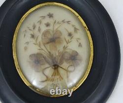 Antique French Victorian Mourning Hair Art Convex Glass Frame Reliquary 1898