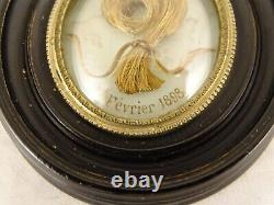 Antique French Victorian Mourning Hair Art Convex Glass Frame Reliquary -1898