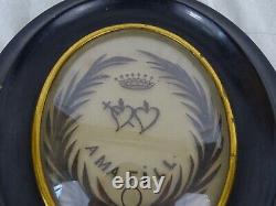 Antique French Victorian Mourning Hair Art Convex Glass Frame Reliquary A Crown