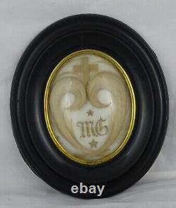 Antique French Victorian Mourning Hair Art Convex Glass Frame Reliquary Blond