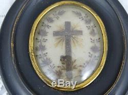Antique French Victorian Mourning Hair Art Ebony Frame Reliquary Crucifix