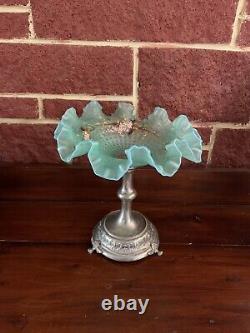 Antique French Victorian Turquoise art glass brides basket Hand Painted Pedistal