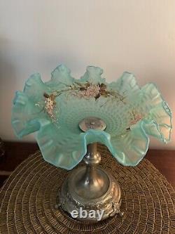 Antique French Victorian Turquoise art glass brides basket Hand Painted Pedistal