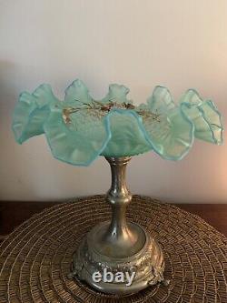 Antique French Victorian Turquoise art glass brides basket Hand Painted Pedistal