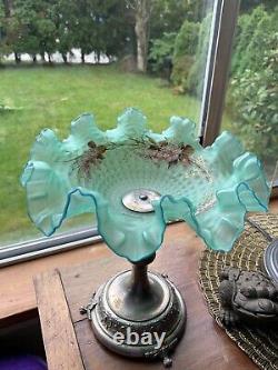 Antique French Victorian Turquoise art glass brides basket Hand Painted Pedistal