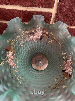 Antique French Victorian Turquoise art glass brides basket Hand Painted Pedistal