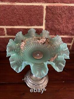 Antique French Victorian Turquoise art glass brides basket Hand Painted Pedistal