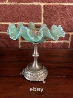 Antique French Victorian Turquoise art glass brides basket Hand Painted Pedistal